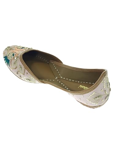 Fulkari Women's Peacock Peach Gold Soft Leather Embroidered Jutis | Bite and Pinch Free Jutti | Punjabi Formal Juttis | Girl's Wedding Flat Mojari | Formal Ethnic Juti | 36