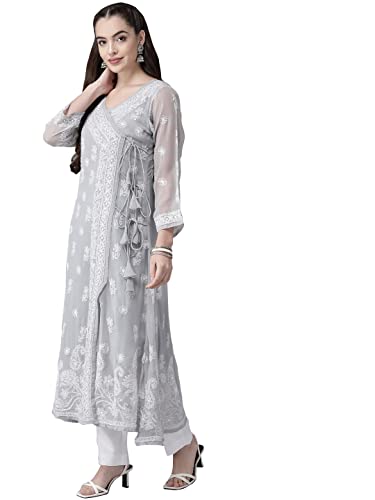 Ada Traditional Chikan Embroidery Angrakha Style Grey Georgette Kurti Kurta with Slip for Women & Girls A411262 (XS)