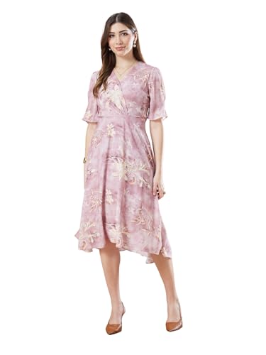 Latin Quarters Women's Pink Half Sleeves Printed V-Neck Casual Dress_XL