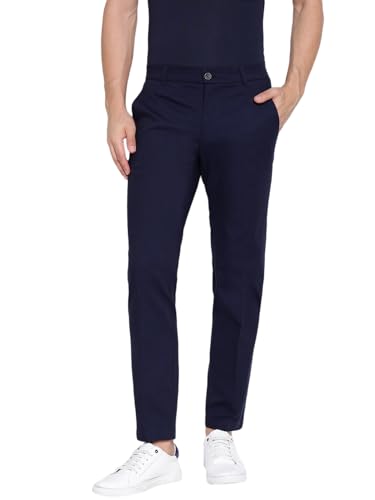 GUESS Myron Dressy Cotton Dobby Stretch Smart Blue Solid Mid Rise Regular Fit Chinos Trousers
