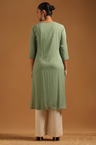Soch Womens Sap Green Rayon Floral Kurta with Machine Embroidery and Thread Work
