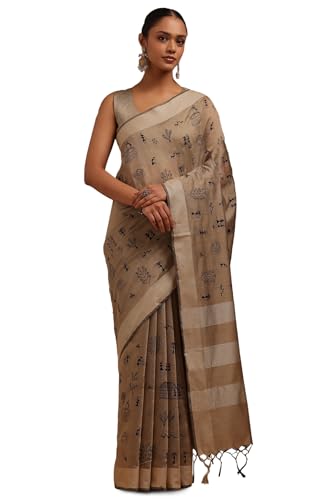 Soch Womens Beige Chanderi Warli Print Saree With Thread Work