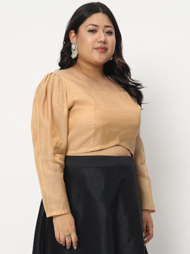 studio rasa Women's Plus Size Silk Blend Puff Sleeves Crop Top for Festive Wedding Party(TPWPC223RC17-5XL_Gold_5XL)