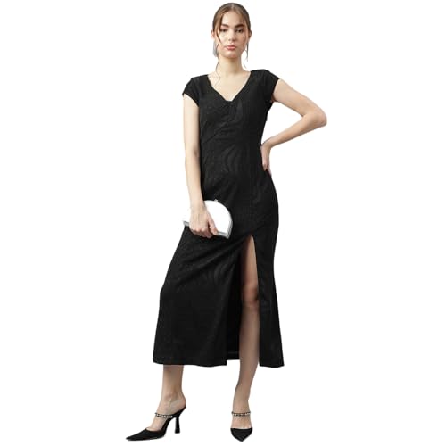 Latin Quarters Women Black V-Neck Short Sleeves Solid A-Line Dress L