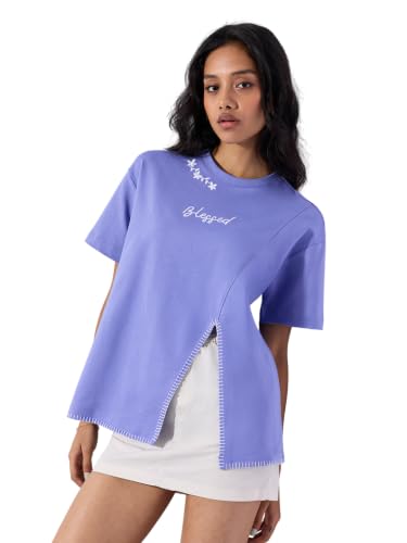 The Souled Store Blessed Women and Girls Short Sleeves Round Neck Lavender Embroidered Cotton Oversized Drop Shoulder Lightweight Everyday Casual T-Shirts
