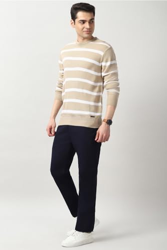 Men Beige Stripe Crew Neck Sweater