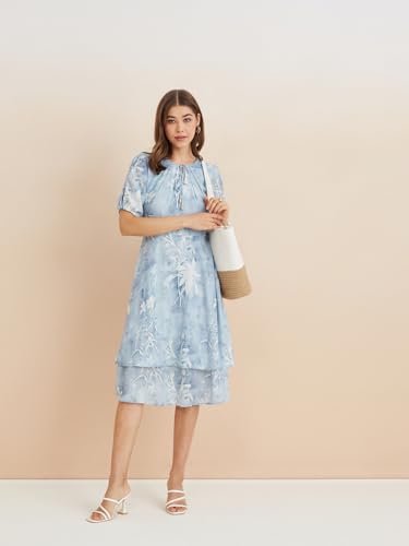 Latin Quarters Women's Blue Tie-Up Neck Half Sleeves Printed Casual Fit & Flare Dress_L