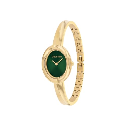 Calvin Klein Twisted Bezel Qtz Basic Mini Green Oval Dial Gold Bangle Watch for Women- 25100203