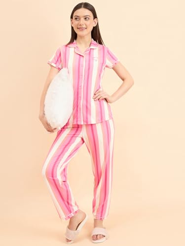 Sweet Dreams Women's Cotton Blend Striped Pajama Set Pack of 2 (2111AXCO Pink S)