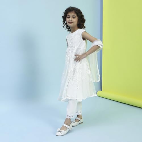 Biba Girl's Nylon Kurta, Bottom, Dupatta (KWMOGRA6301SS25OWHT_Off White