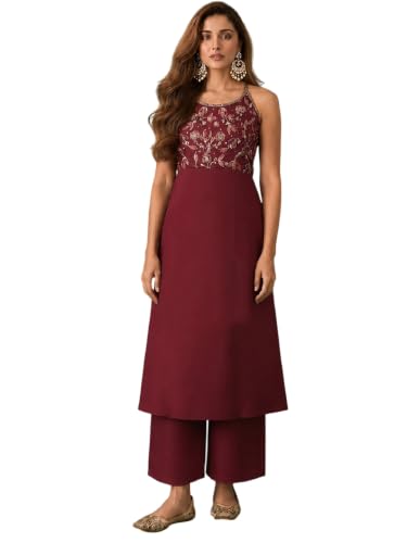 Varanga womens Maroon Halter-Neck Embroidered Anarkali Set