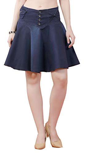 FCK-3 Stretchable Denim Dark Blue Color Flared Broad Waist Band Four Buttoned Lightly Faded Skirt for Women-32
