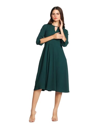 Zink London Women's Dark Green Solid A-Line Midi Dress - SaumyasStore