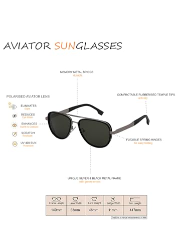 Carlton London Unisex Premium Silver & Black Toned Green UV with Polarised Lens Aviator Sunglass