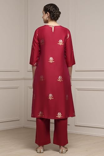 Biba Women Red Chanderi Relaxed Dyed Kurta Pants Set_32