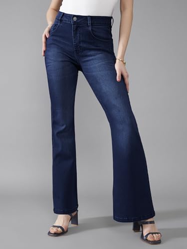 Dolce Crudo Women's High-Rise Regular-Length Stretchable Flared Denim Jeans (DOSS24DEN12-92-71-38, Navy Blue, 38)