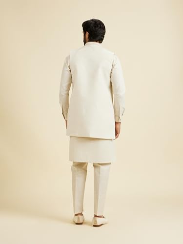 Manyavar Men's Linen Blend Mirror Work Kurta Jacket Churidar Set(Natural,M)