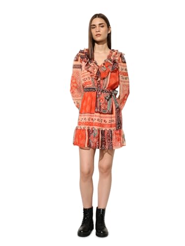 ONLY Women's Tribal Print Fit and Flare Orange Dress