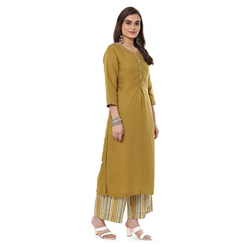 BIBA WOMEN SOLID STRAIGHT SALWAR KURTA DUPATTA(SKDLINEN7894_OLIVE GREEN_34)