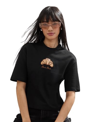 The Souled Store Emily in Paris: Croissant Women and Girls Short Sleeves Round Neck Black Embroidered Beaded Cotton Oversized Streetwear Casual Oversized T-Shirt