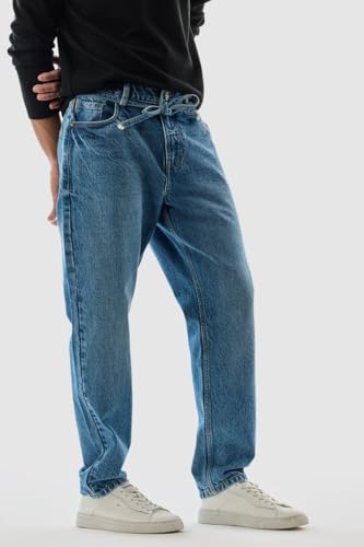 SNITCH Men's Clean Look Jeans | Casual Wear| College Street Wear Streetwear Style | Baggy Fit Button Blue