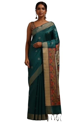 Soch Womens Teal Tussar Botanical Printed Sarees