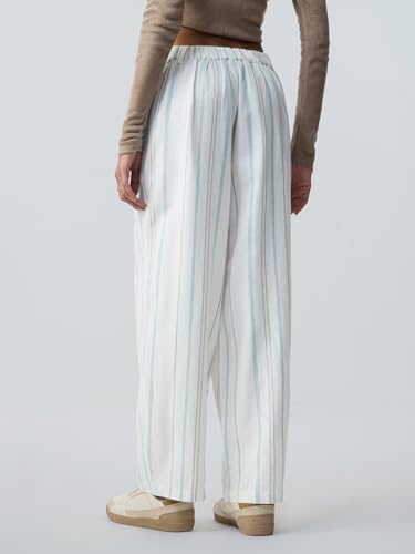 The Souled Store Cotton Linen Pants: Cruise Women Girls Elastic Waistband Off-White Striped Cotton Linen Blend Barrel Fit Lightweight Everyday Casual Pants