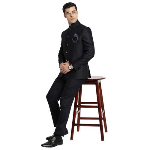Turtle Men Poly Viscose Mandarin Collar Tailored Fit Navy Blue 2 Piece Party Suits