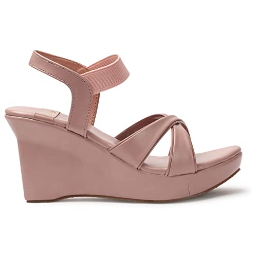 XE Looks Women's Peach Wedge Heel Sandals | Stylish Cross Strap Slip-On Sandals for Girls | Comfortable Cushioned Sole | Open Toe Design | Ideal for Casual