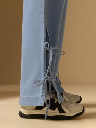 The Souled Store Pull-On Denim: Rosette Women and Girls Drawstring Waist Light Blue Washed Cotton Denim Wide Fit Breathable Side Slits Lightweight Comfortable All-Season Everyday Denim Jeans