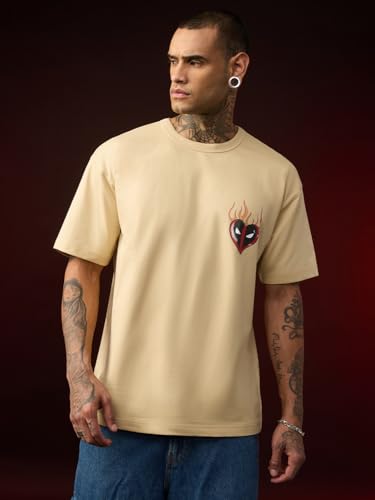 The Souled Store Deadpool: Cupid Men and Boys Short Sleeves Round Neck Beige Graphic Printed Casual Lightweight Drop Shoulder Streetwear Trendy Oversized T-Shirt