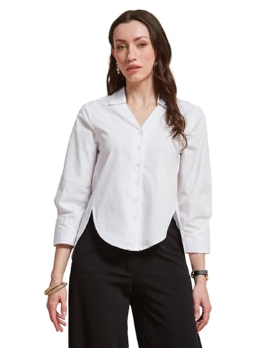 Latin Quarters Women's White Solid Spread Collar 3/4Th Sleeve Casual Shirt_XXL