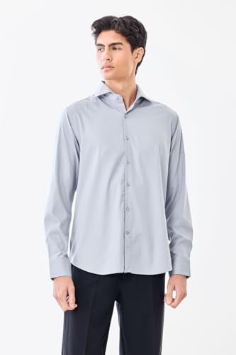SNITCH Men Formal Shirt | Slim Fit Full Sleeve Spread Collar Solid Design | Premium Polyester Viscose Blend & Wrinkle-Resistant Fabric for Office & Special Occasions | Light Grey