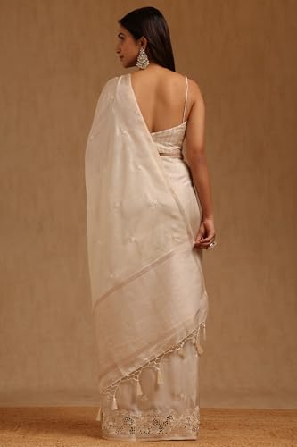 Soch Womens Cream Tussar Hand Embroidered Saree With Tassels