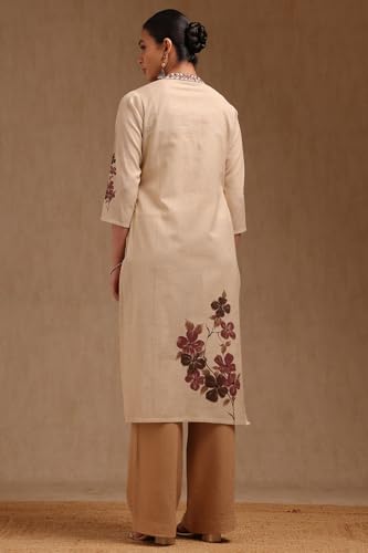 Soch Womens Beige Cotton Flex Floral Print Kurta with Thread Work