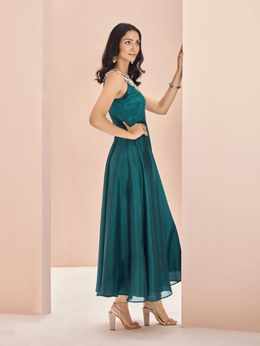 FUSIONIC Teal Silk Handworked Gown Dress