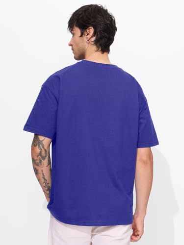 The Souled Store Solids: Electric Blue Men and Boys Short Sleeves Round Neck Cotton Oversized T-Shirts