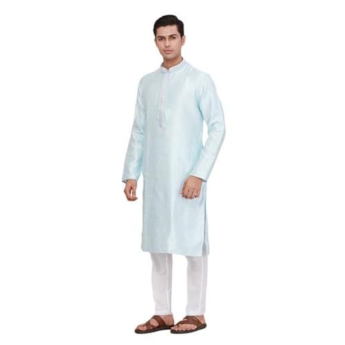 Ethnix Men's Regular Fit Jacquard Pattern Polyester Blend Long Sleeve Traditional Kurta Blue