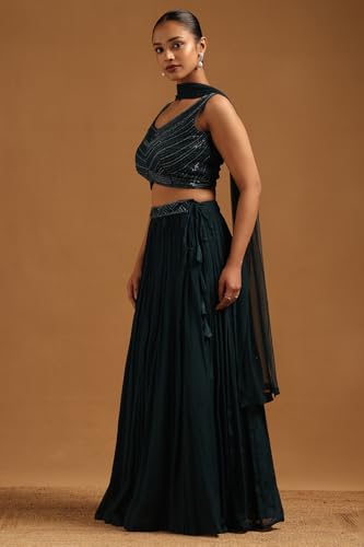 Soch Womens Teal Chinon Embellished Lehenga Choli With Sequins