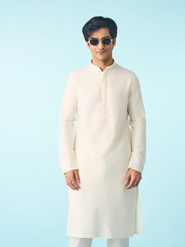 DIWAS BY MANYAVAR Men's Blended Viscose Self Design Festive Kurta Set (2pc) (Cream, L)