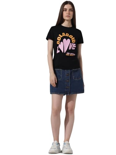 ONLY Women Printed Cotton Black T-Shirt