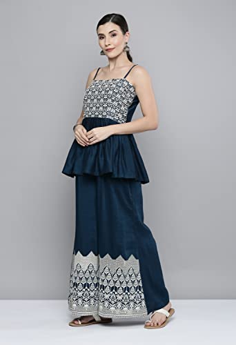 LYMI LABEL Teal Blue Silk Blend Flared Sequinned Kurta Set with Dupatta