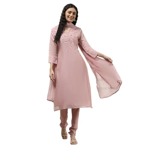 Biba Women Dusky Pink Chanderi Applique Unstitched Suit Set_FREE SIZE