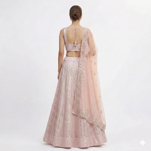 Kuber Enterprise Women's Semi-Stitched Grey Embroidered Lehenga Choli with Dupatta | Designer Net Flared Lehenga for Wedding | Heavy Sequin & Stone Work Ethnic Wear Set (Pink)