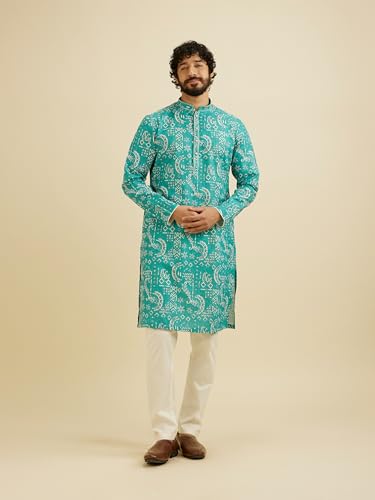 Manyavar Men's Cotton Blend Printed Kurta (Teal Green,XL)