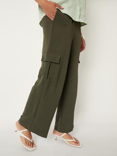 Max Women Solid Wide Leg Cargos (Green_M)