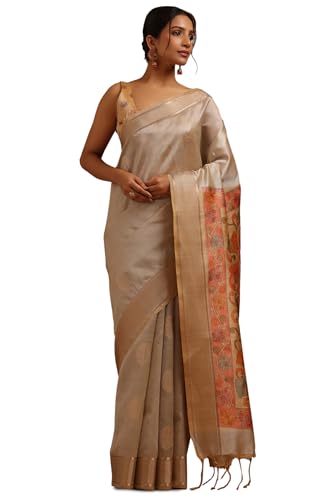 Soch Womens Grey Tussar Floral Zari Woven Saree