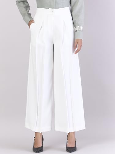 Powersutra Women High Rise White Trouser Pants | Solid | Formal Office Wear | High Waist | Pleated | Straight Fit | Side Pockets, Medium