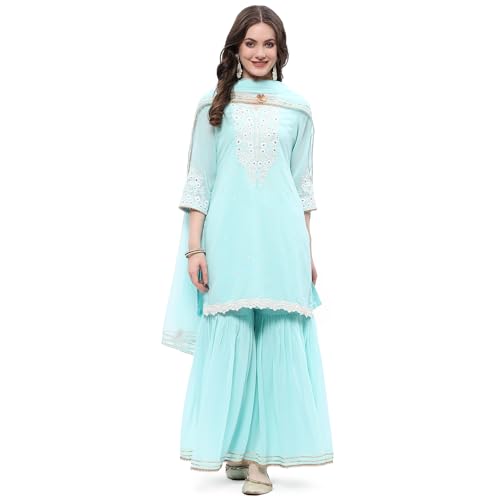 Rangriti Women Polyester Embroidred Straight Suit Set(FESTIVE19114_Blue_S)