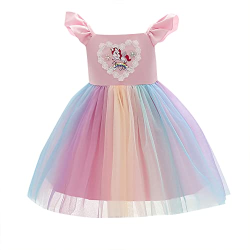 Hopscotch Girls Unicorn Print Ruffled Sleeve FitFlare Party Dress In Pink Color for Ages 5-6 Years